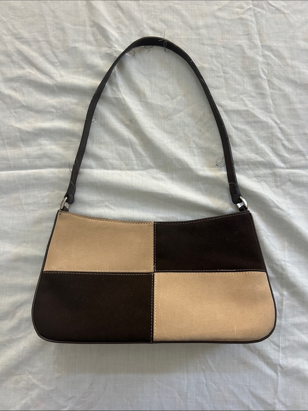 Thrifted Two-Tone Patch Shoulder Bag in Brown and Cream